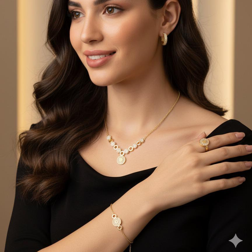 Parure Élégante Dorée Collier, Bracelet, Bague et Boucles d’Oreilles